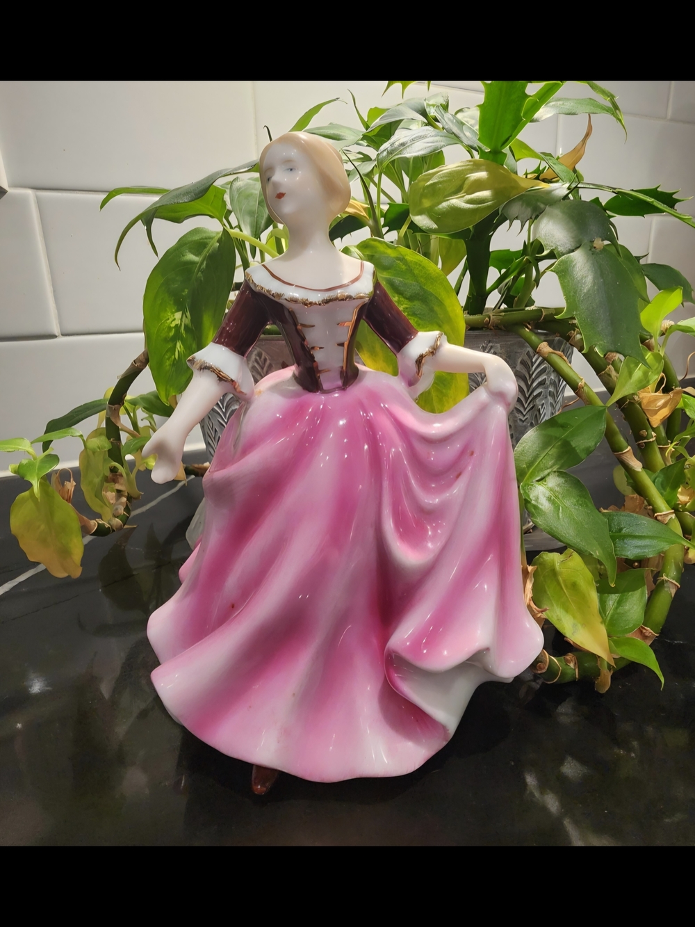 Vintage Porcelain Lady Music Box Japan Wooden Base Mid Century Rotating Pink